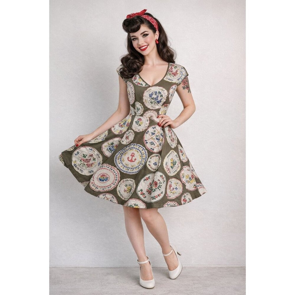 Boden Kiera Plate Print 100% Cotton Knee Length Fit And Flare Dress, Size 4R